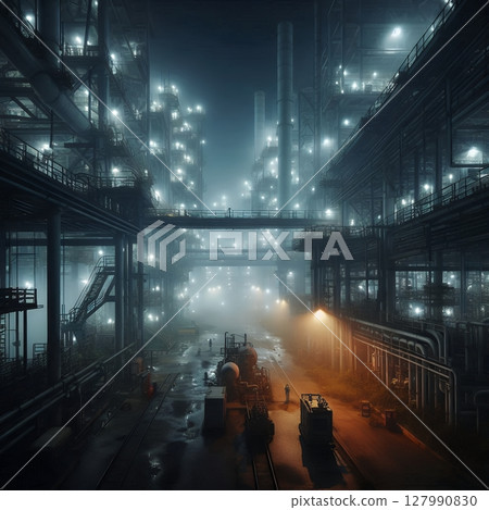 Industrial Refinery Complex Illuminated at Night with Atmospheric Fog with Generative AI. 127990830