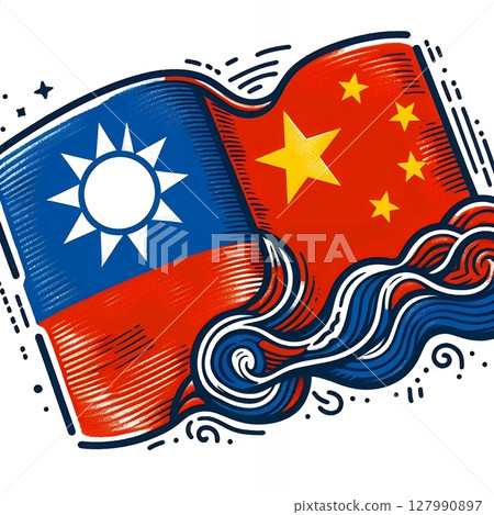 China and Taiwan Conflict Concept Illustration in Political Tension Depicted Through Abstract Flag Art and Waves with Generative AI. 127990897