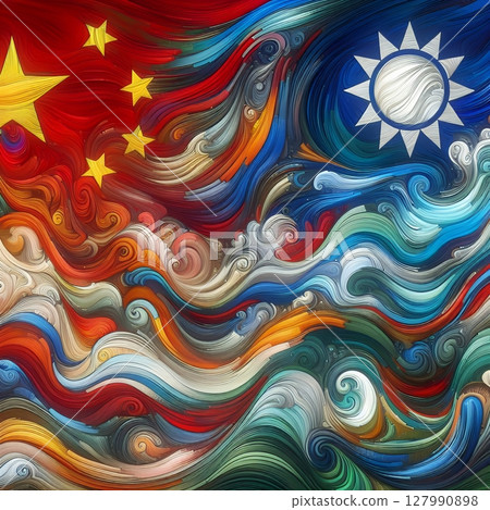 China and Taiwan Conflict Concept Illustration in Political Tension Depicted Through Abstract Flag Art and Waves with Generative AI. 127990898