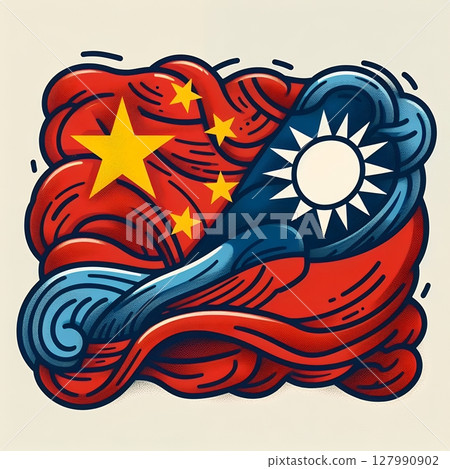 China and Taiwan Conflict Concept Illustration in Political Tension Depicted Through Abstract Flag Art and Waves with Generative AI. 127990902