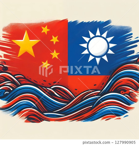 China and Taiwan Conflict Concept Illustration in Political Tension Depicted Through Abstract Flag Art and Waves with Generative AI. China and Taiwan Conflict Concept Illustration in Political Tension Depicted Through Abstract Flag Art and Waves with Generative AI. 127990905