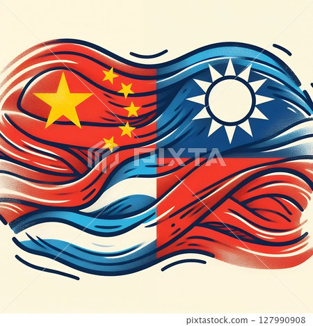 China and Taiwan Conflict Concept Illustration in Political Tension Depicted Through Abstract Flag Art and Waves with Generative AI. China and Taiwan Conflict Concept Illustration in Political Tension Depicted Through Abstract Flag Art and Waves with Generative AI. 127990908