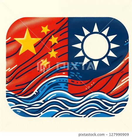 China and Taiwan Conflict Concept Illustration in Political Tension Depicted Through Abstract Flag Art and Waves with Generative AI. 127990909