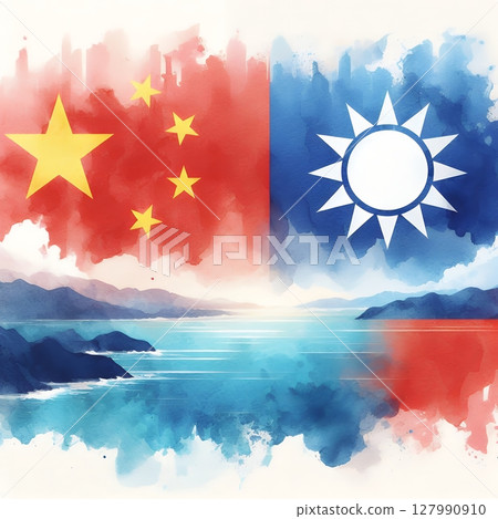 China and Taiwan Conflict Concept Illustration in Political Tension Depicted Through Abstract Flag Art and Waves with Generative AI. 127990910