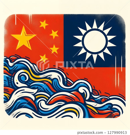 China and Taiwan Conflict Concept Illustration in Political Tension Depicted Through Abstract Flag Art and Waves with Generative AI. 127990913