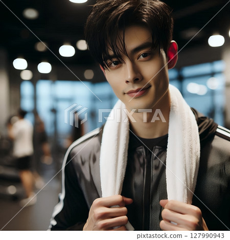 Young Asian Man Smiling in Gym with Towel Over Shoulder for Active Lifestyle and Fitness Motivation with Generative AI. 127990943