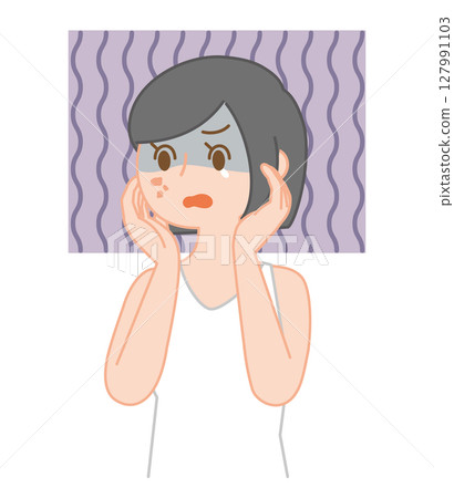 Illustration of a woman shocked by a stain 127991103