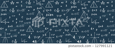 Hand Drawn Seamless Math Background with Formulas and Graphs on Chalkboard. 127991121