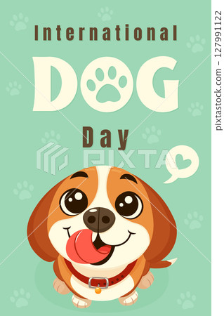 International Dog Day Poster with Cute Puppy and Mint Green Background. 127991122
