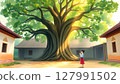 A young Thai girl stands under the tree, looking up with hands together in a respectful gesture. 127991502