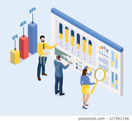 Business people monitoring business performance through web-based analytics dashboards. Isometric vector illustration eps10 127992198