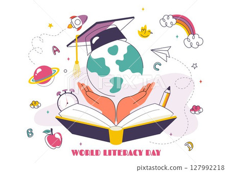 World Literacy Day Vector Illustration on 8th September Featuring Books, Educational Tools, and Learning for an Educational Holiday in a Background 127992218