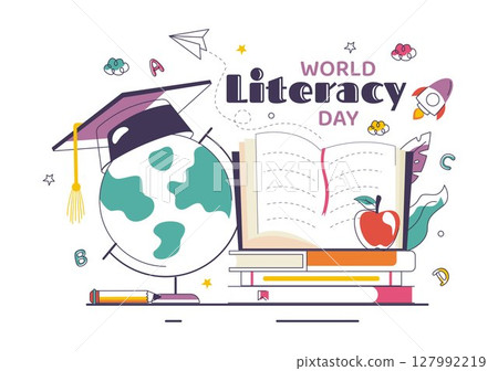 World Literacy Day Vector Illustration on 8th September Featuring Books, Educational Tools, and Learning for an Educational Holiday in a Background 127992219