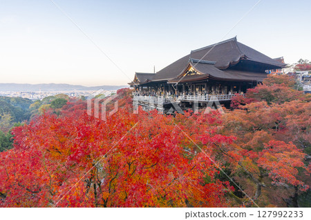 京都的秋天：清晨的清水寺、清水舞台與秋葉 127992233