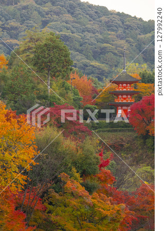 Kiyomizu-dera Temple in autumn: Koyasu Pagoda surrounded by autumn leaves Kiyomizu-dera Temple in autumn: Koyasu Pagoda surrounded by autumn leaves 127992240