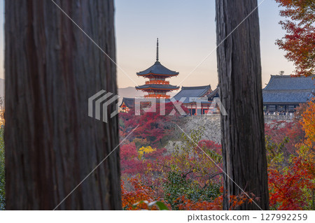 Autumn at Kiyomizu-dera Temple: Three-story pagoda visible through the trees Autumn at Kiyomizu-dera Temple: Three-story pagoda visible through the trees 127992259