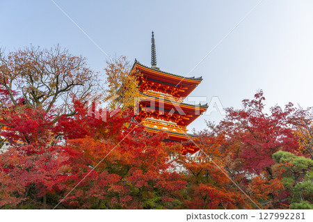 The three-story pagoda of Kiyomizu-dera Temple in autumn surrounded by autumn leaves The three-story pagoda of Kiyomizu-dera Temple in autumn surrounded by autumn leaves 127992281