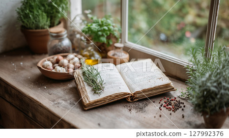 Vintage cookbook with fresh herbs and natural ingredients on rustic kitchen windowsill Vintage cookbook with fresh herbs and natural ingredients on rustic kitchen windowsill 127992376