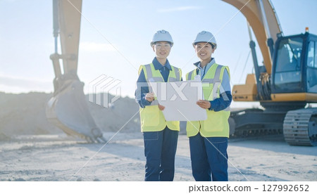 A young female operator and worker discussing a schedule at a construction site Working woman Heavy equipment operator A young female operator and worker discussing a schedule at a construction site Working woman Heavy equipment operator 127992652