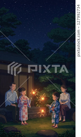 夏夜，一家人在花園裡欣賞煙火 127992734