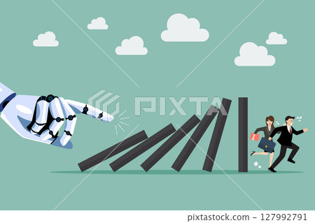 Business people run away from domino effect by Artificial intelligence Business people run away from domino effect by Artificial intelligence 127992791