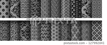 Geometric floral set of seamless patterns. Gray and black vector backgrounds. Damask graphic ornaments Geometric floral set of seamless patterns. Gray and black vector backgrounds. Damask graphic ornaments 127992841