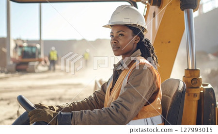 Close-up of a young female operator operating heavy machinery at a construction site Working woman Heavy machinery operator 127993015