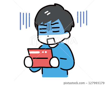 一名便衣青年看到自己的存摺後大吃一驚(上半身) 一名便衣青年看到自己的存摺後大吃一驚(上半身) 127993179