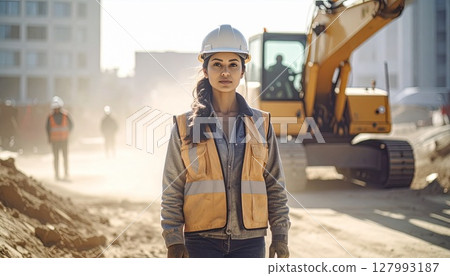 Close-up of a young female worker working at a construction site Working woman Heavy equipment operator 127993187