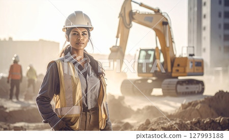 Close-up of a young female worker working at a construction site Working woman Heavy equipment operator 127993188