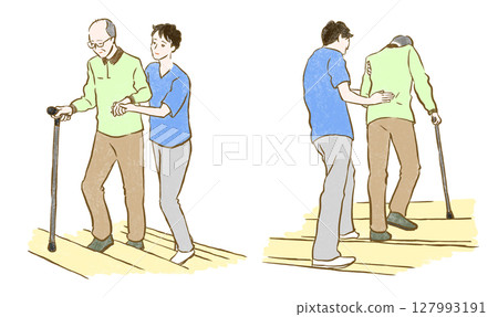 福利與照護：一名年輕男子扶著一名拄著拐杖的老人爬樓梯 127993191