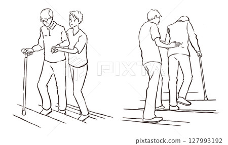 Welfare and nursing care: A young man supporting a senior man with a cane climbing stairs 127993192