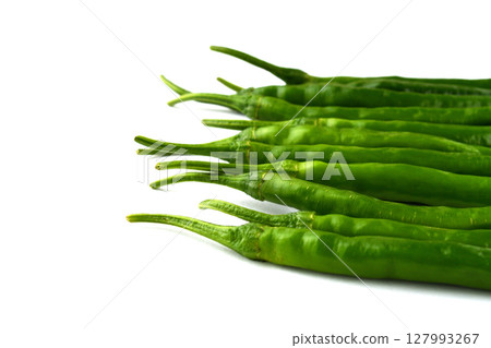 Green chili peppers (white background, copy space available) 127993267