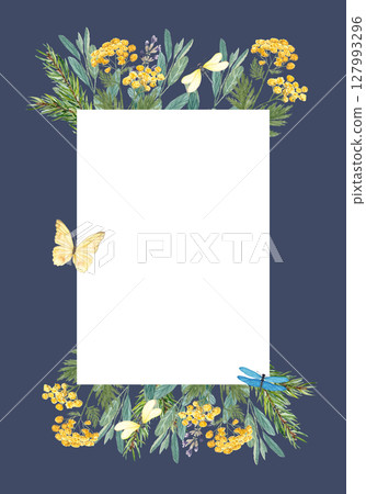 Tansy, sage, fir branches, butterflies, and dragonflies watercolor frame on dark blue background. Rectangle white center for text. Rustic botanical template for invitations, cards, branding. Vertical 127993296
