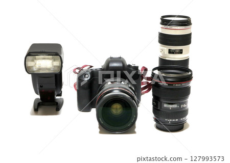 Digital SLR camera, interchangeable lenses, flash Digital SLR camera, interchangeable lenses, flash 127993573