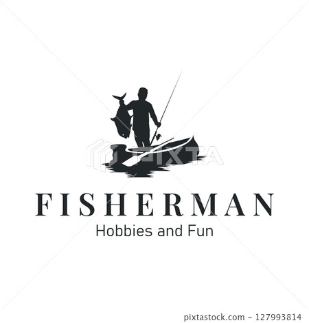 Angler Fishing Logo, Simple Outdoor Fishing Man Silhouette Template Design 127993814