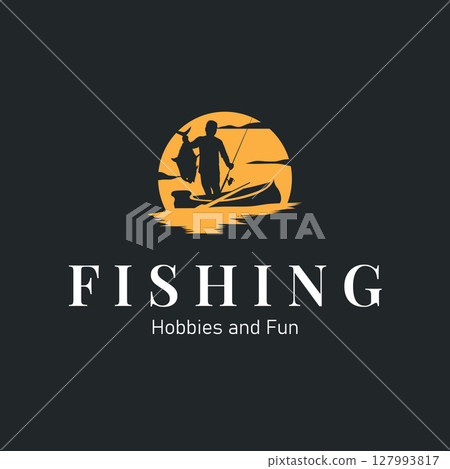 Angler Fishing Logo, Simple Outdoor Fishing Man Silhouette Template Design 127993817