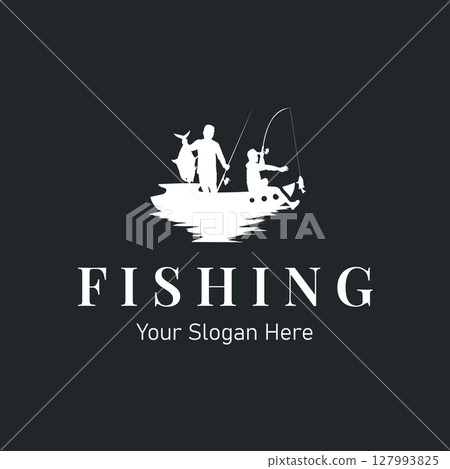 Angler Fishing Logo, Simple Outdoor Fishing Man Silhouette Template Design 127993825