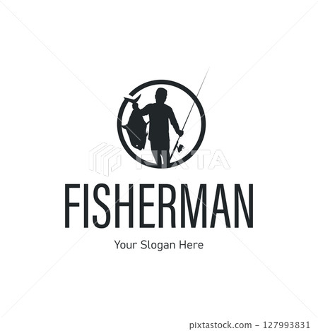 Angler Fishing Logo, Simple Outdoor Fishing Man Silhouette Template Design 127993831