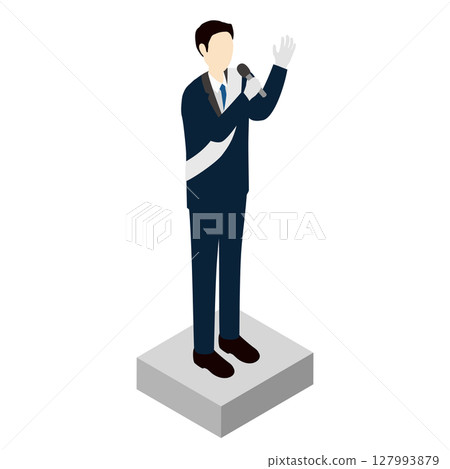Isometric illustration of a male candidate giving a street speech during an election Isometric illustration of a male candidate giving a street speech during an election 127993879