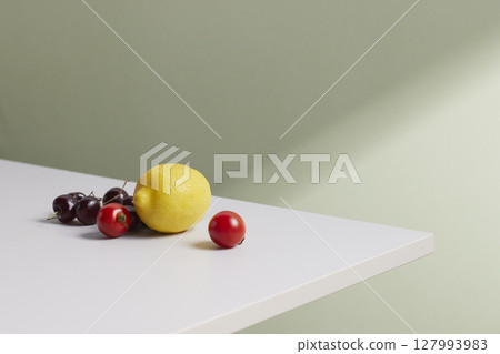 A cozy backdrop with fresh fruits and grass on a table with natural sunlight and shadows. 127993983
