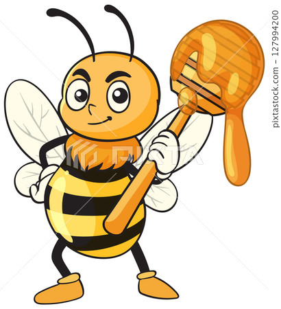 Cheerful Cartoon Bee with Honey Dipper Cheerful Cartoon Bee with Honey Dipper 127994200