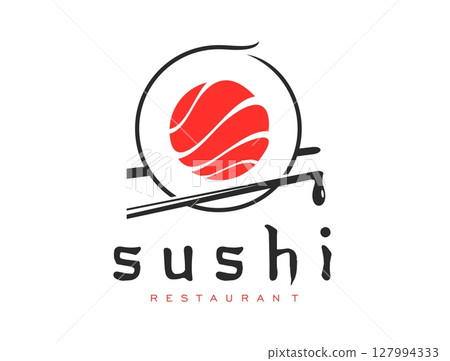 Asian cuisine, Japanese sushi restaurant icon with salmon. Japan seafood cafe meal, Asian restaurant or sushi bar vector emblem or symbol. Sushi roll with salmon, chopsticks and griping sauce sign 127994333