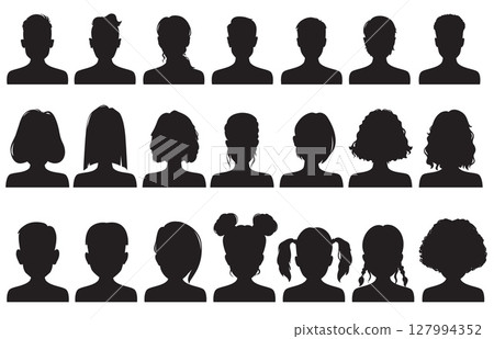 Male, female avatar profile silhouette, man and woman faces and heads. Vector user portrait or person avatar silhouette of girl and boy, social media people avatar default black picture 127994352