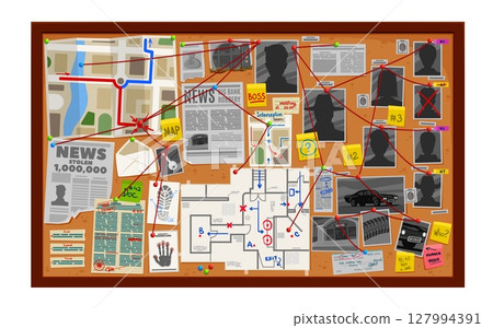Detective board, investigate wall with map and photo, newspaper and pinboard, vector crime investigation, police office interior. Cartoon detective pin board with evidences, clues, red strings 127994391