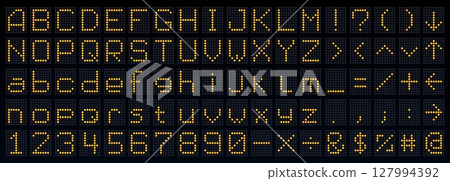 Score board font, flip dot type, digital led airport screen typeface, terminal display alphabet. Complete set of uppercase and lowercase letters, numbers and special characters with scoreboard lamps 127994392