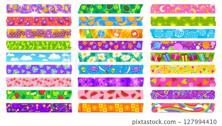 Y2k washi tape adhesive pieces. Vector paper scotch stripes or scrapbooking stickers with groovy patterns and torn edges. Vintage y2k flowers, fruits, aesthetic shapes and planets washi tapes set 127994410