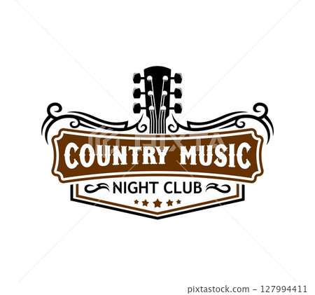 American country music festival or club icon. American cowboy music concert vector icon or symbol, folk music festival sign. Wild West live country band emblem with vintage typography and guitar 127994411