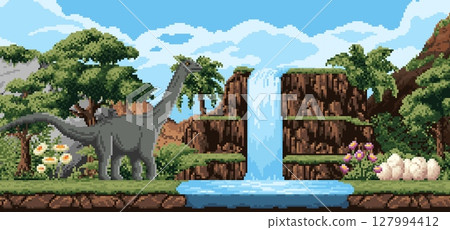 8bit pixel art prehistoric era landscape with dinosaur and dino eggs. Retro 2d videogame vector wallpaper, 8 bit arcade pixel background with brontosaurus dinosaur, river waterfall, jungle rainforest 8bit pixel art prehistoric era landscape with dinosaur and dino eggs. Retro 2d videogame vector wallpaper, 8 bit arcade pixel background with brontosaurus dinosaur, river waterfall, jungle rainforest 127994412
