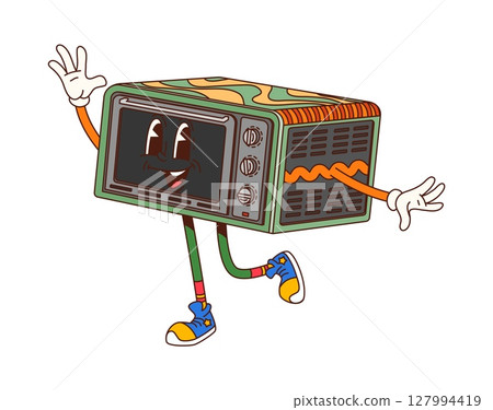 Cartoon groovy microwave stove furniture character. Kitchen appliance, household and cooking electronics groovy isolated vector character or funky mascot. Microwave stove or oven 70s retro character 127994419